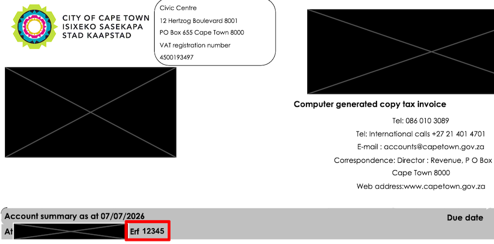 Example showing the erf number on a municipal rates bill